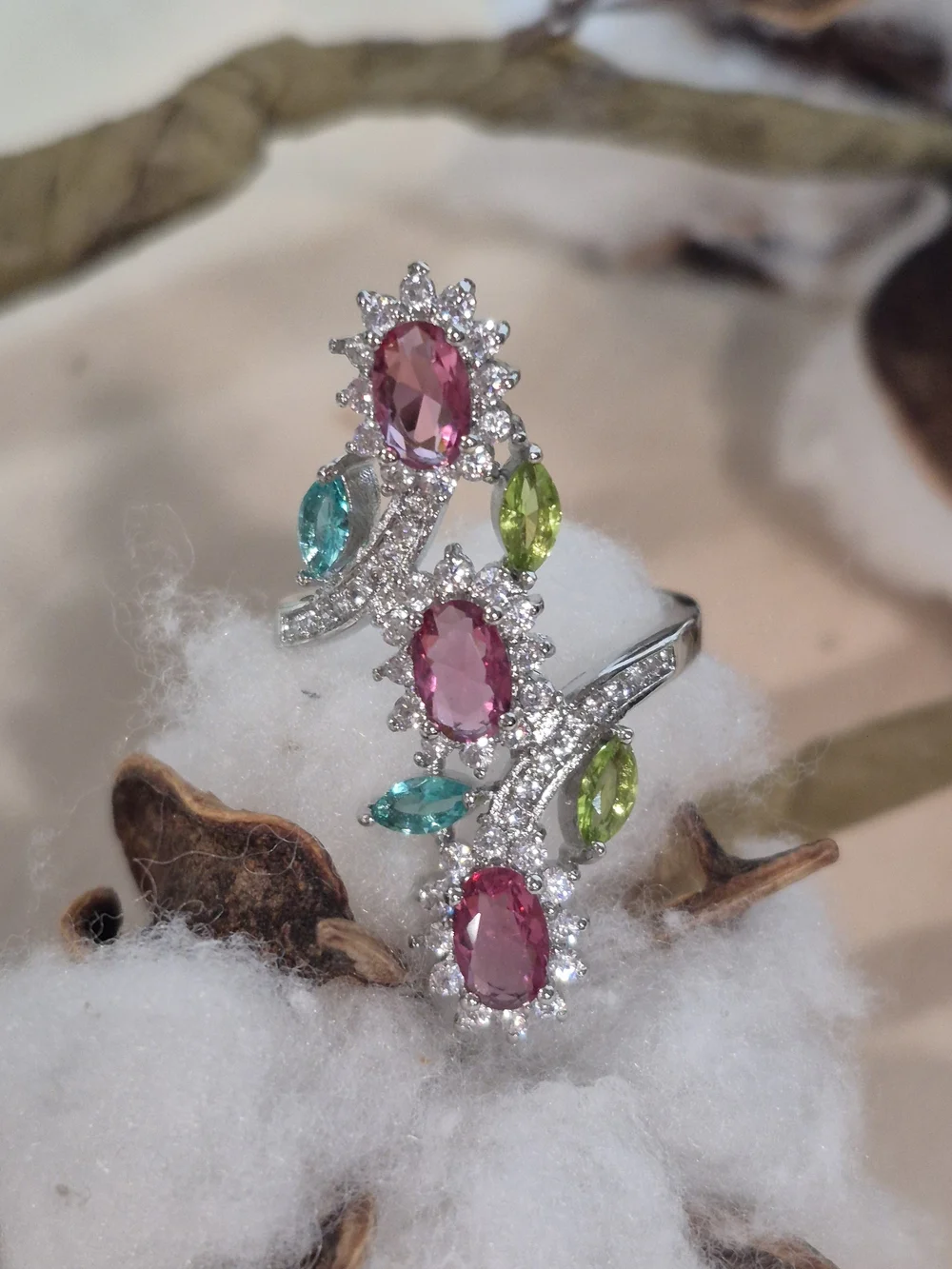 💚🩷NEW💚🩷 STUNNING!! PINK MORGANITE, AQUAMARINE, PERIDOT & CZ'S Ring
